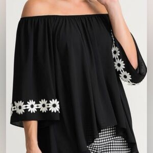 Joseph Ribkoff Black Blouse with White Daisy Trim
